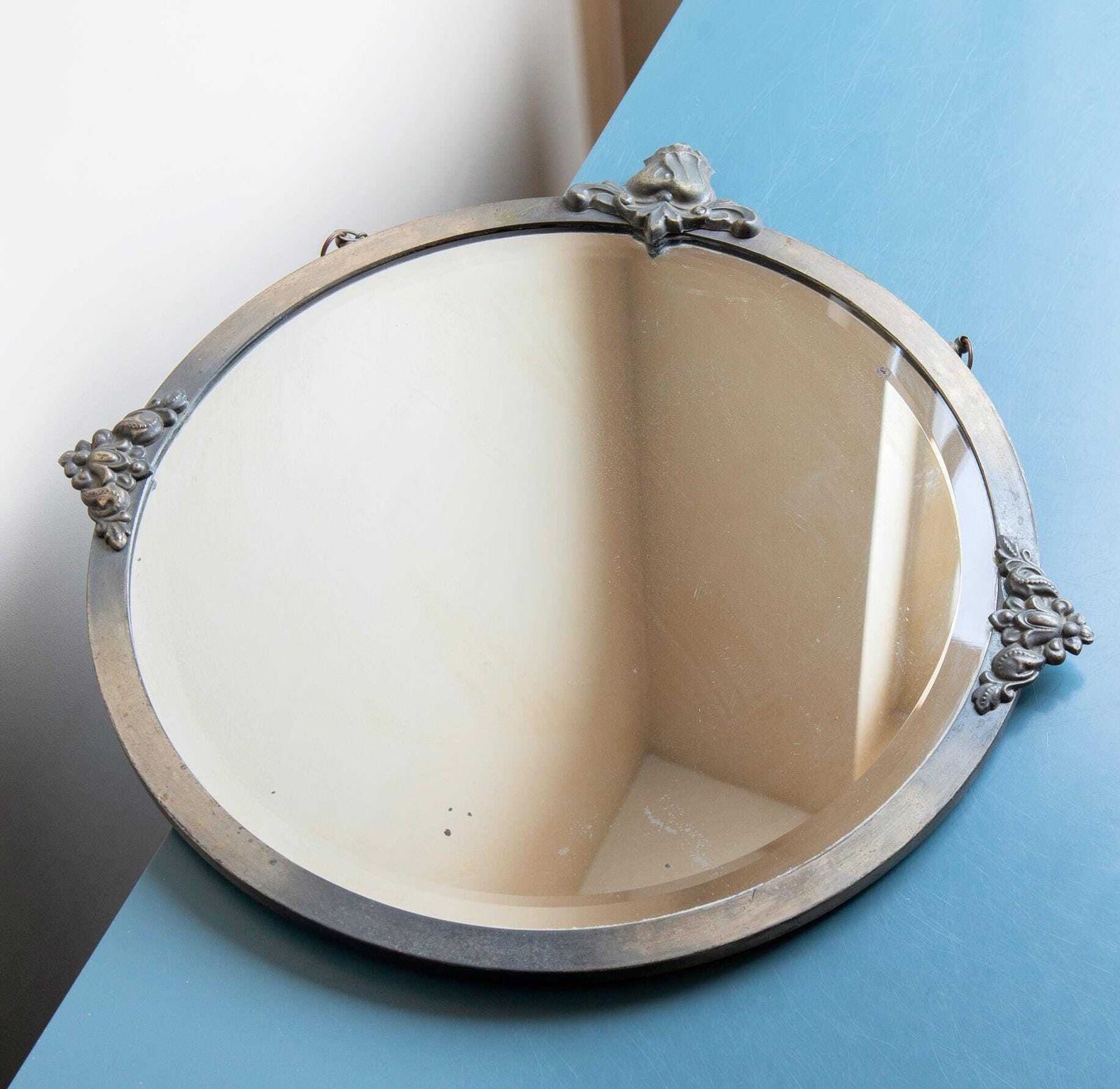 photo furniture Art Deco Mirror With Hanging Chain   Antique Silver Round Wall Mirror   Beveled Glass   1930s Design   Gothic Revival