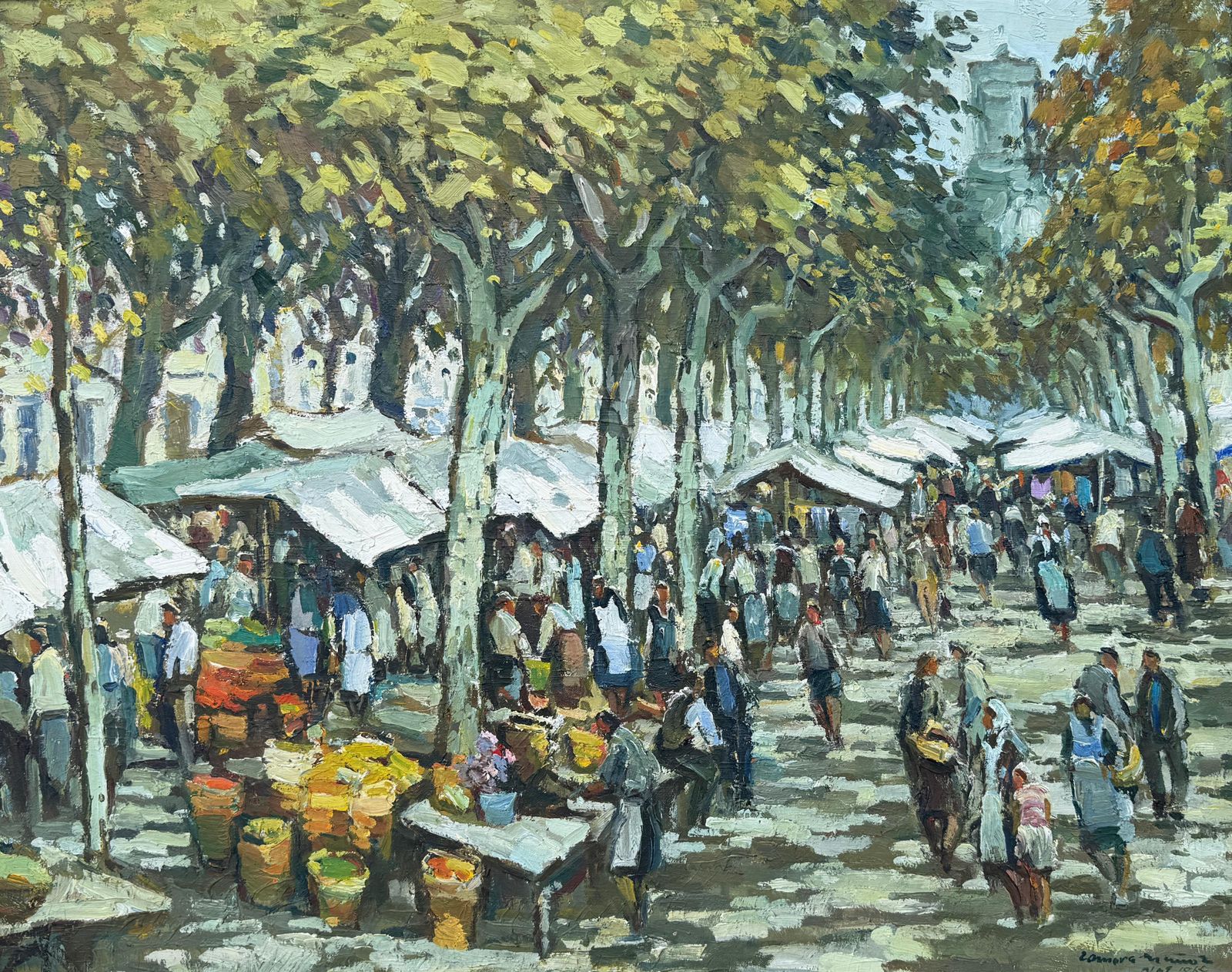 Manuel Zamora Muñoz Market Of Olot Spain Oil On Canvas Painting Spanish Urbanscape 1965