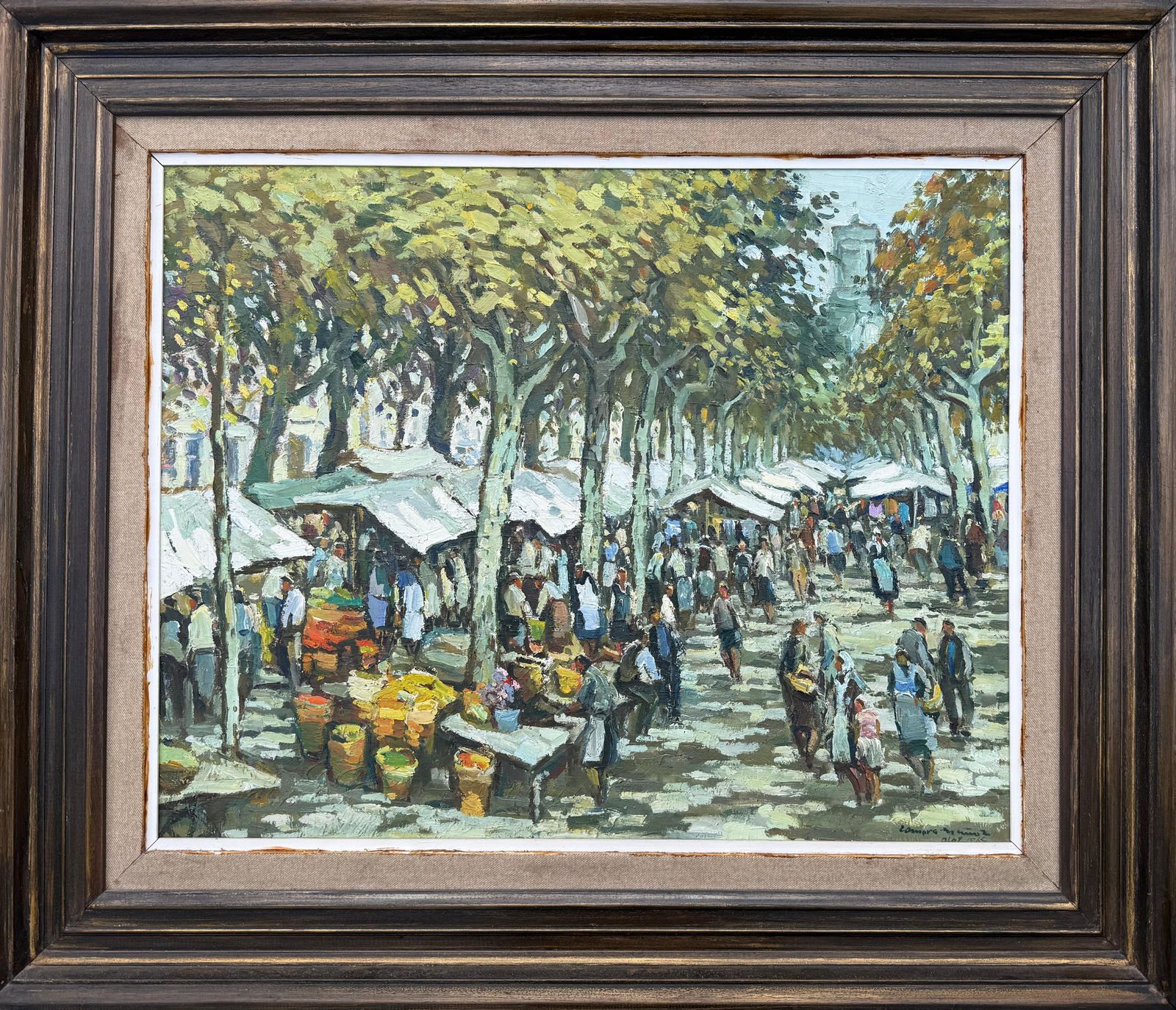 Manuel Zamora Muñoz Market Of Olot Spain Oil On Canvas Painting Spanish Urbanscape 1965 photo furniture