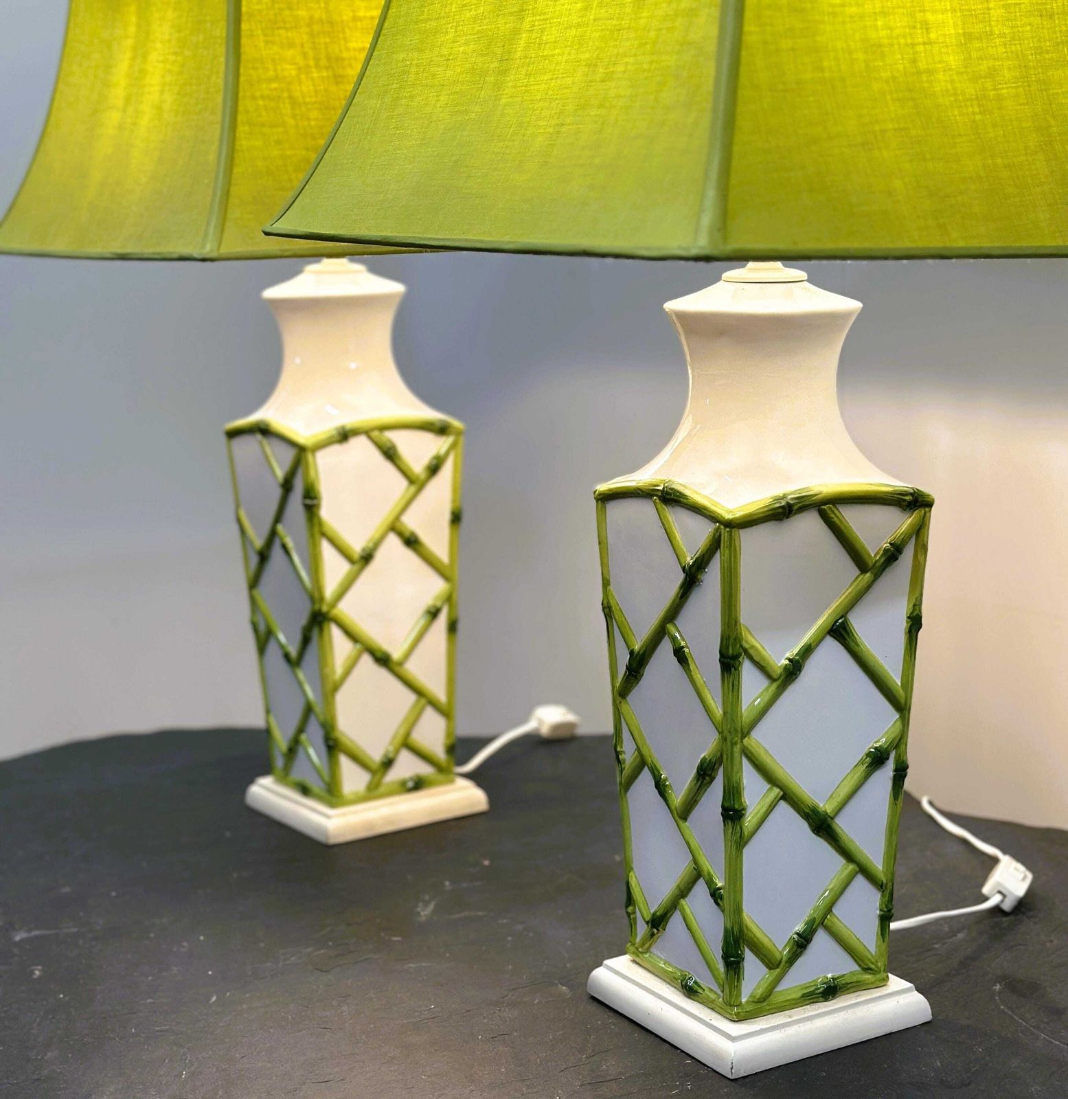 Pair Of Faux Bamboo French Ceramic Table Lamps, French 1970s photo vinterior