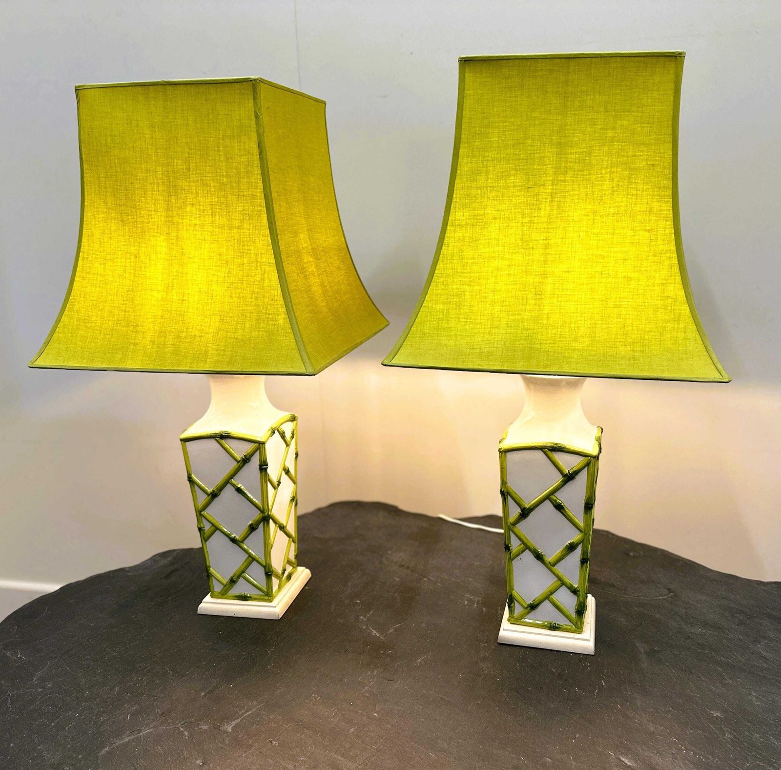 photo for sale Pair Of Faux Bamboo French Ceramic Table Lamps, French 1970s