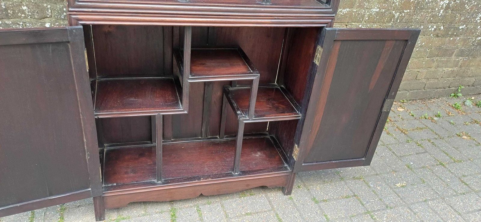 Antique Hardwood Display Cabinet – Ornate Style Step Shelves & Carved Base, Late 19th Century Zig Zag Shelves photo furniture
