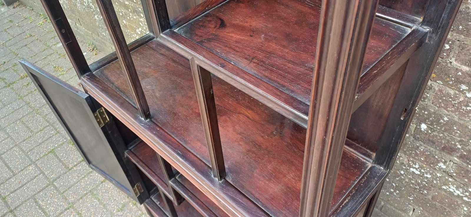 Antique Hardwood Display Cabinet – Ornate Style Step Shelves & Carved Base, Late 19th Century Zig Zag Shelves photo Furniture