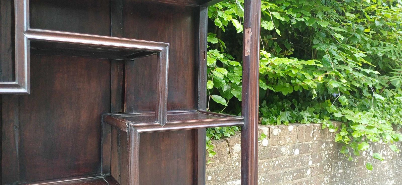 Antique Hardwood Display Cabinet – Ornate Style Step Shelves & Carved Base, Late 19th Century Zig Zag Shelves photo vinterior