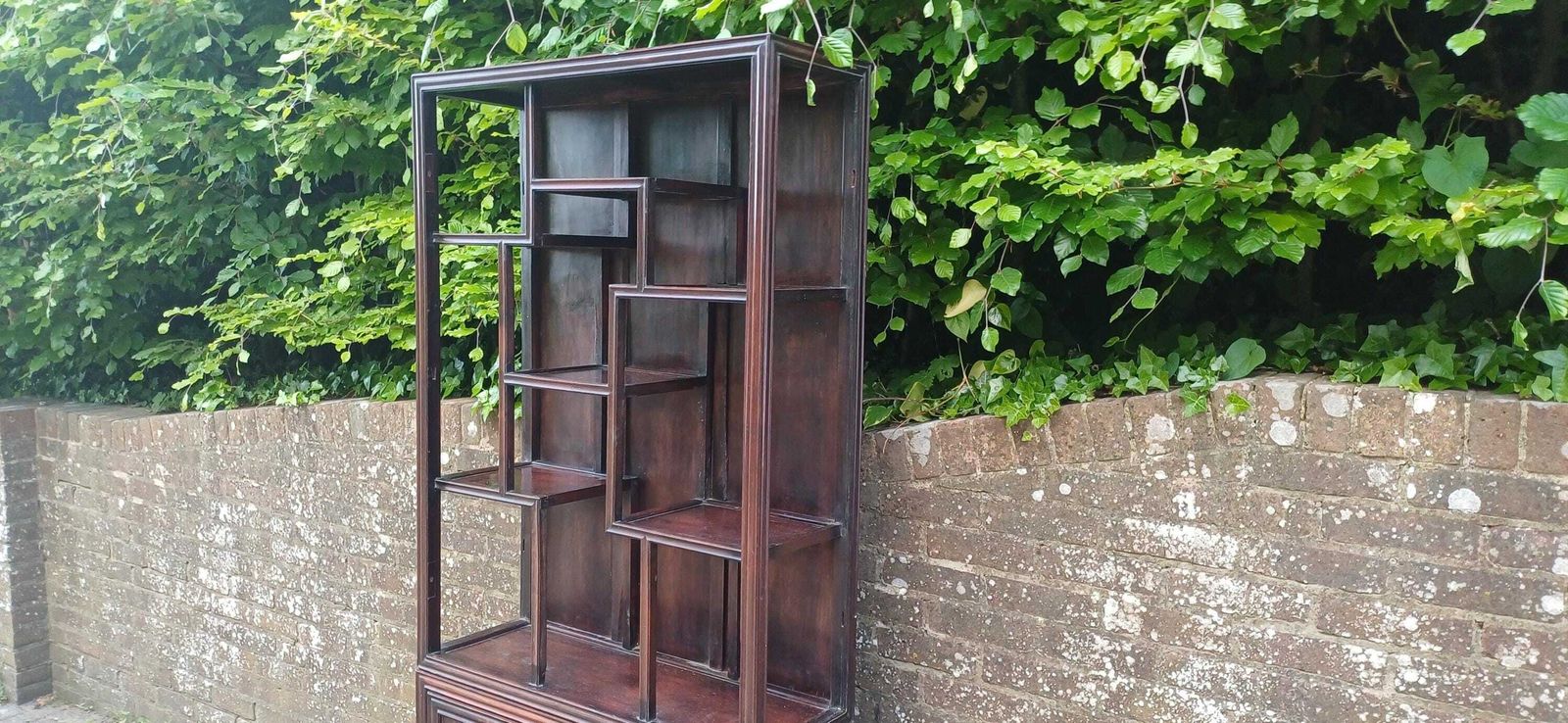 Antique Hardwood Display Cabinet – Ornate Style Step Shelves & Carved Base, Late 19th Century Zig Zag Shelves photo vintage