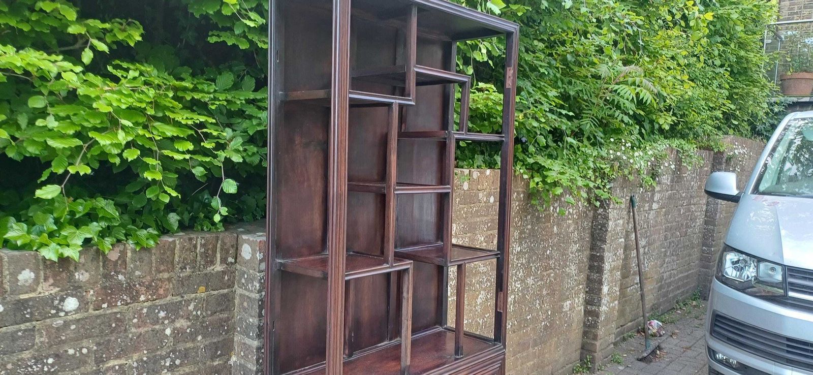 photo furniture Antique Hardwood Display Cabinet – Ornate Style Step Shelves & Carved Base, Late 19th Century Zig Zag Shelves