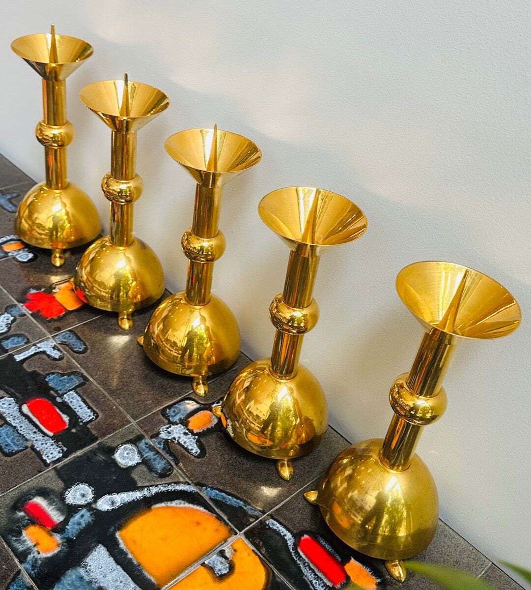 Set Of 5 1950s German Brutalist Gold Chromed Metal Church Candleholders photo vintage