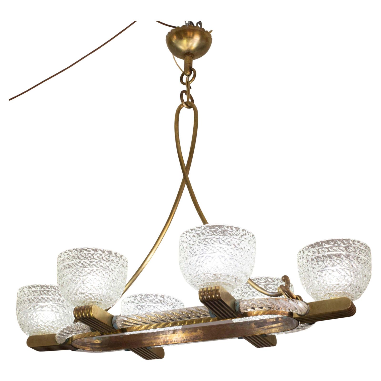 Art Decò Seguso Oval Mid Century Six  Light Murano Glass And Brass Chandelier photo furniture