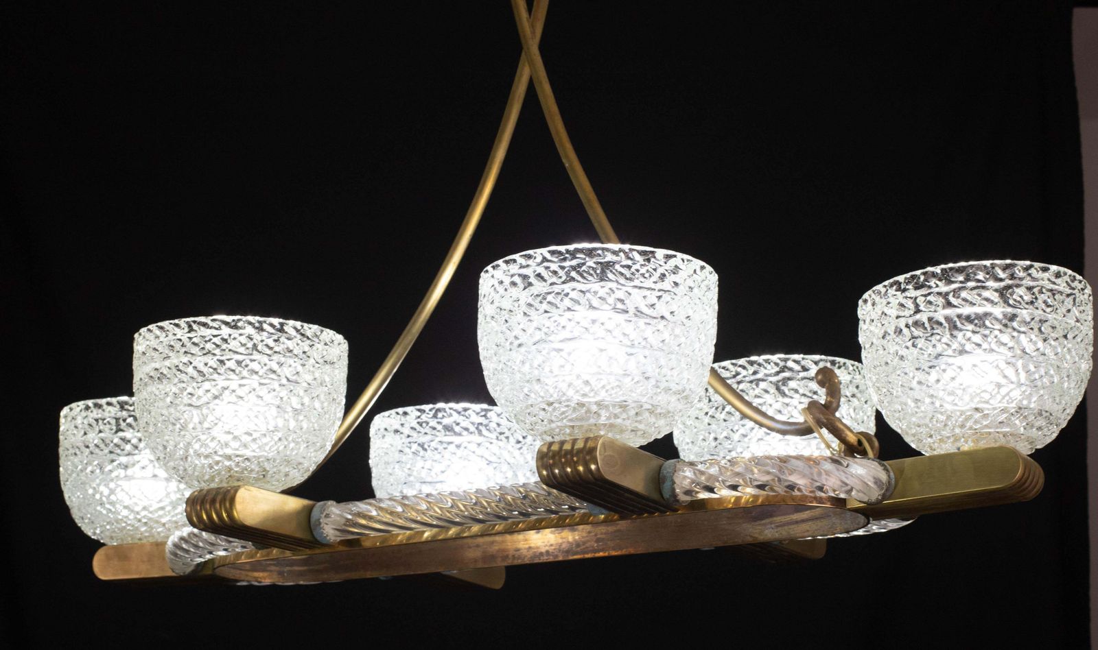 Art Decò Seguso Oval Mid Century Six  Light Murano Glass And Brass Chandelier photo vintage