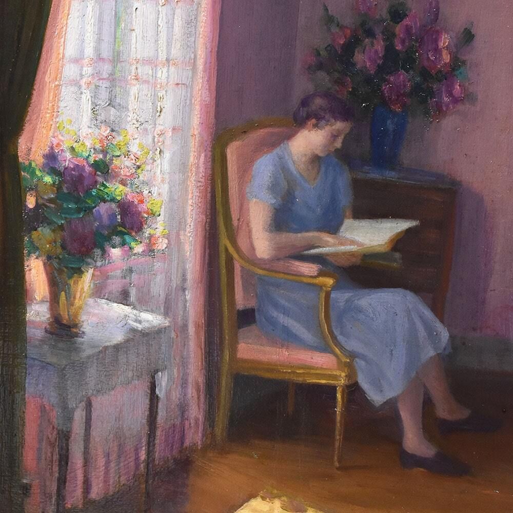 Antique Painting, Henri Charles Angéniol, Young Woman Reading, 20th Century. photo for sale