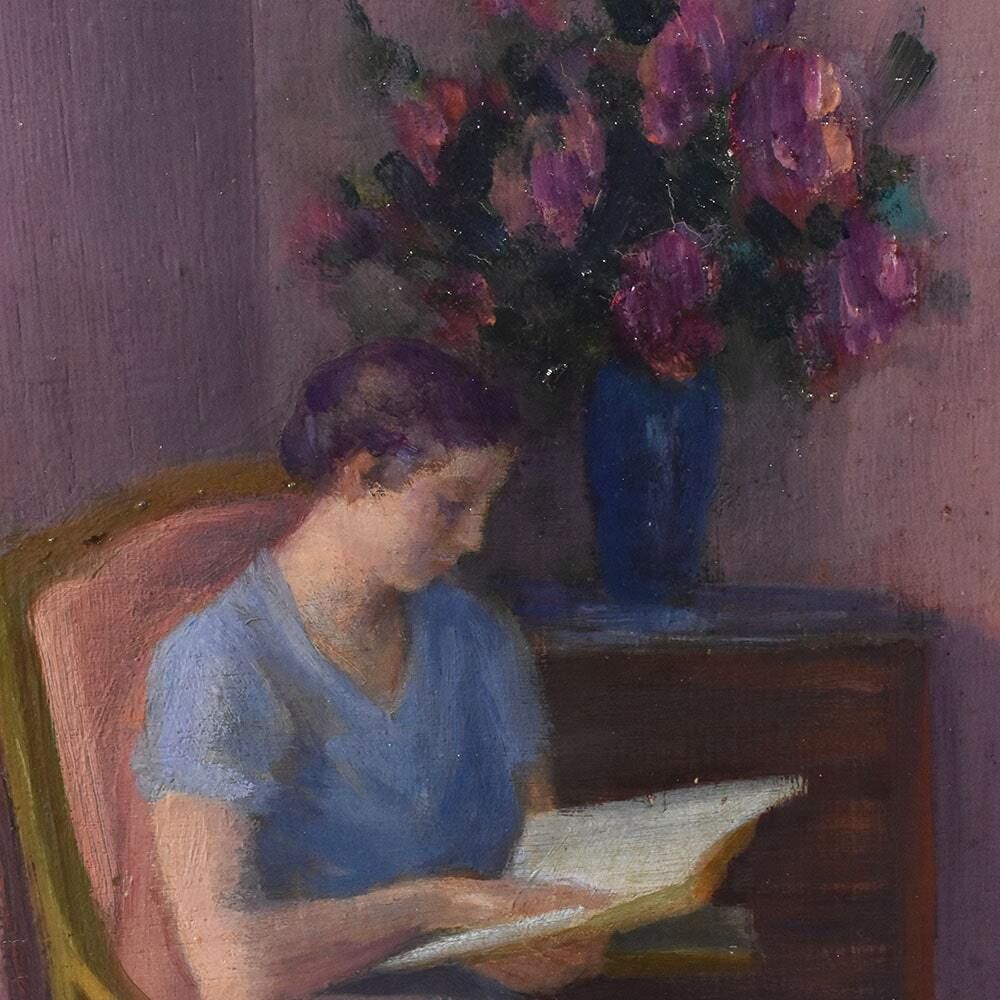 Antique Painting, Henri Charles Angéniol, Young Woman Reading, 20th Century. photo buy
