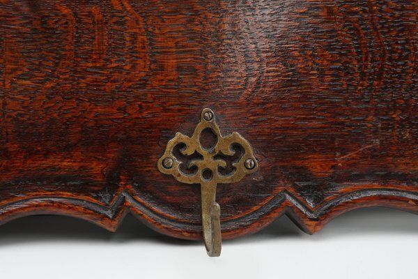 Art Nouveau Style Coat Rack In Oak With Brass Hooks, 1915 photo for sale