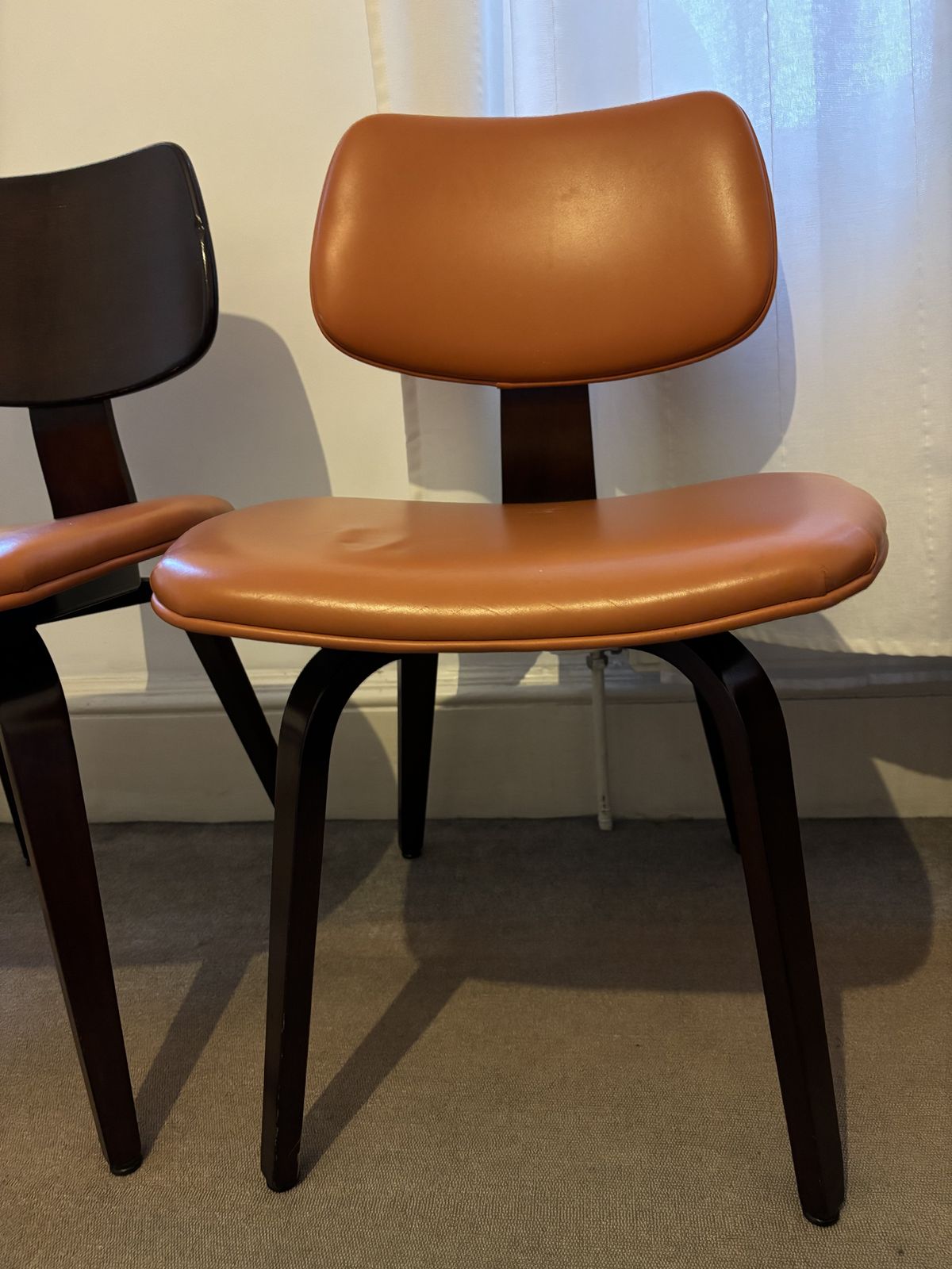 2 X Pairs Of Vintage Mid Century Bentwood Ply Chairs, Designed By Bruno Weil For Thonet, USA In The 1950’s In Orange & Red Leather photo buy
