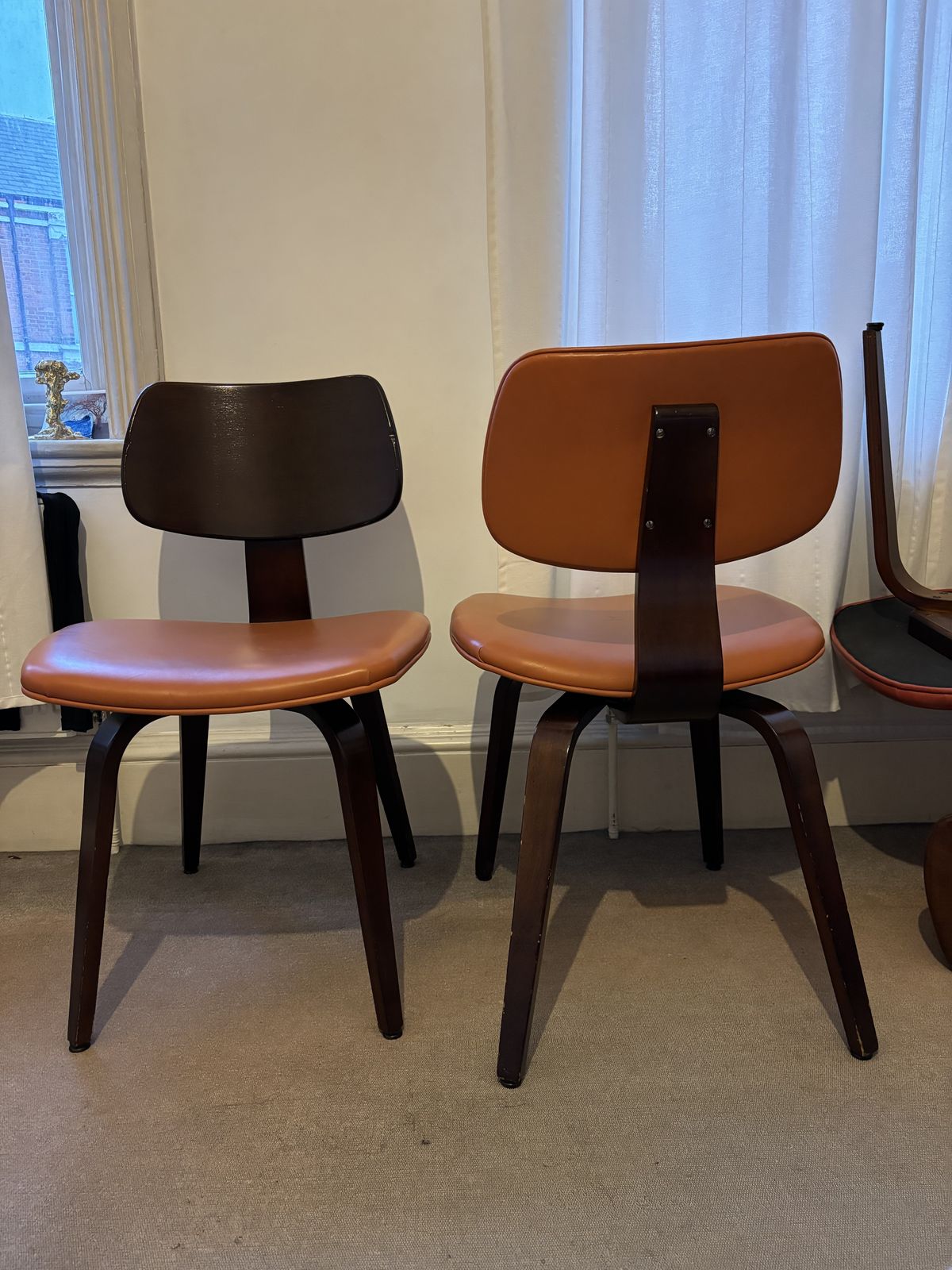 photo furniture 2 X Pairs Of Vintage Mid Century Bentwood Ply Chairs, Designed By Bruno Weil For Thonet, USA In The 1950’s In Orange & Red Leather