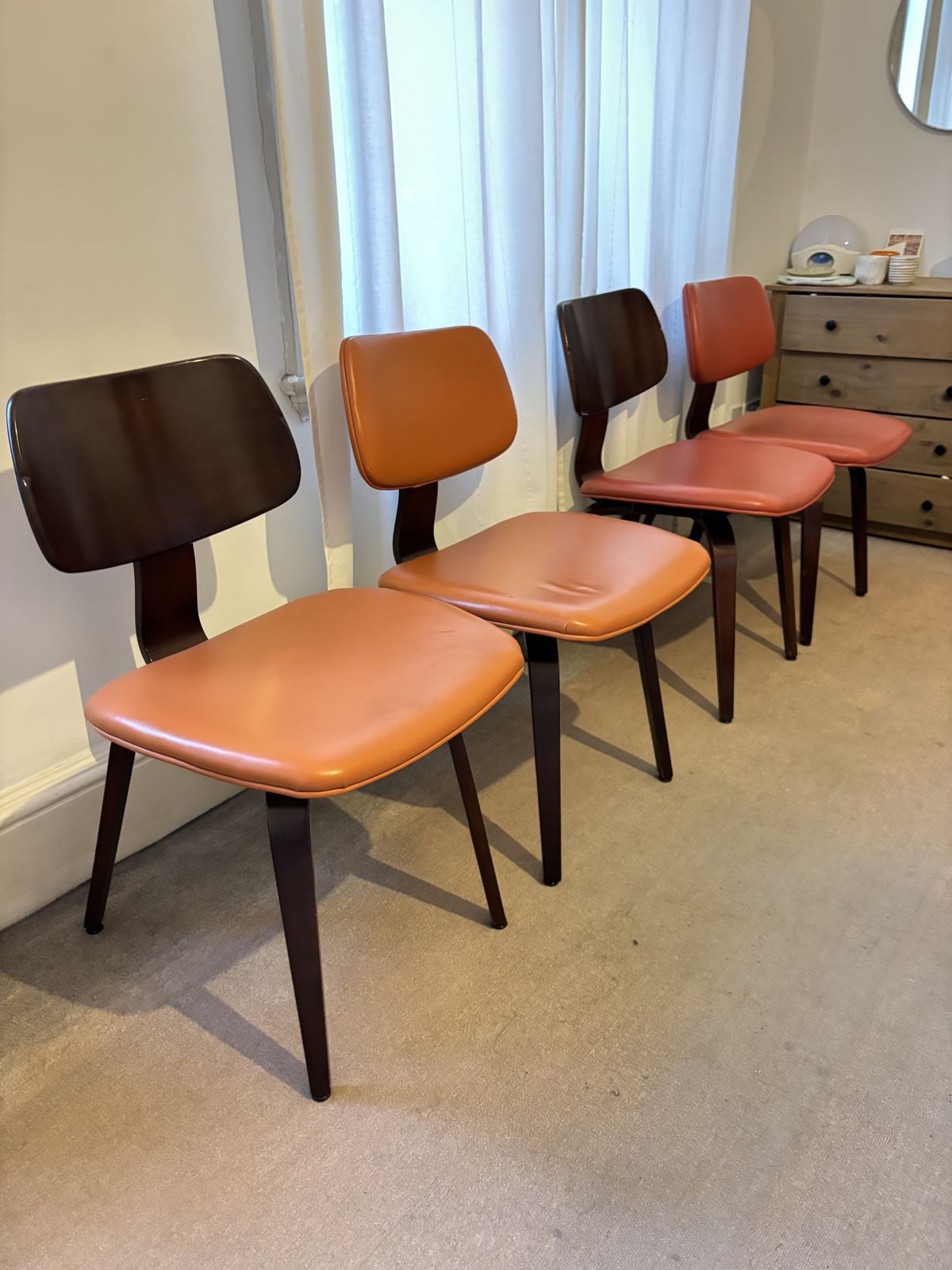 2 X Pairs Of Vintage Mid Century Bentwood Ply Chairs, Designed By Bruno Weil For Thonet, USA In The 1950’s In Orange & Red Leather photo furniture