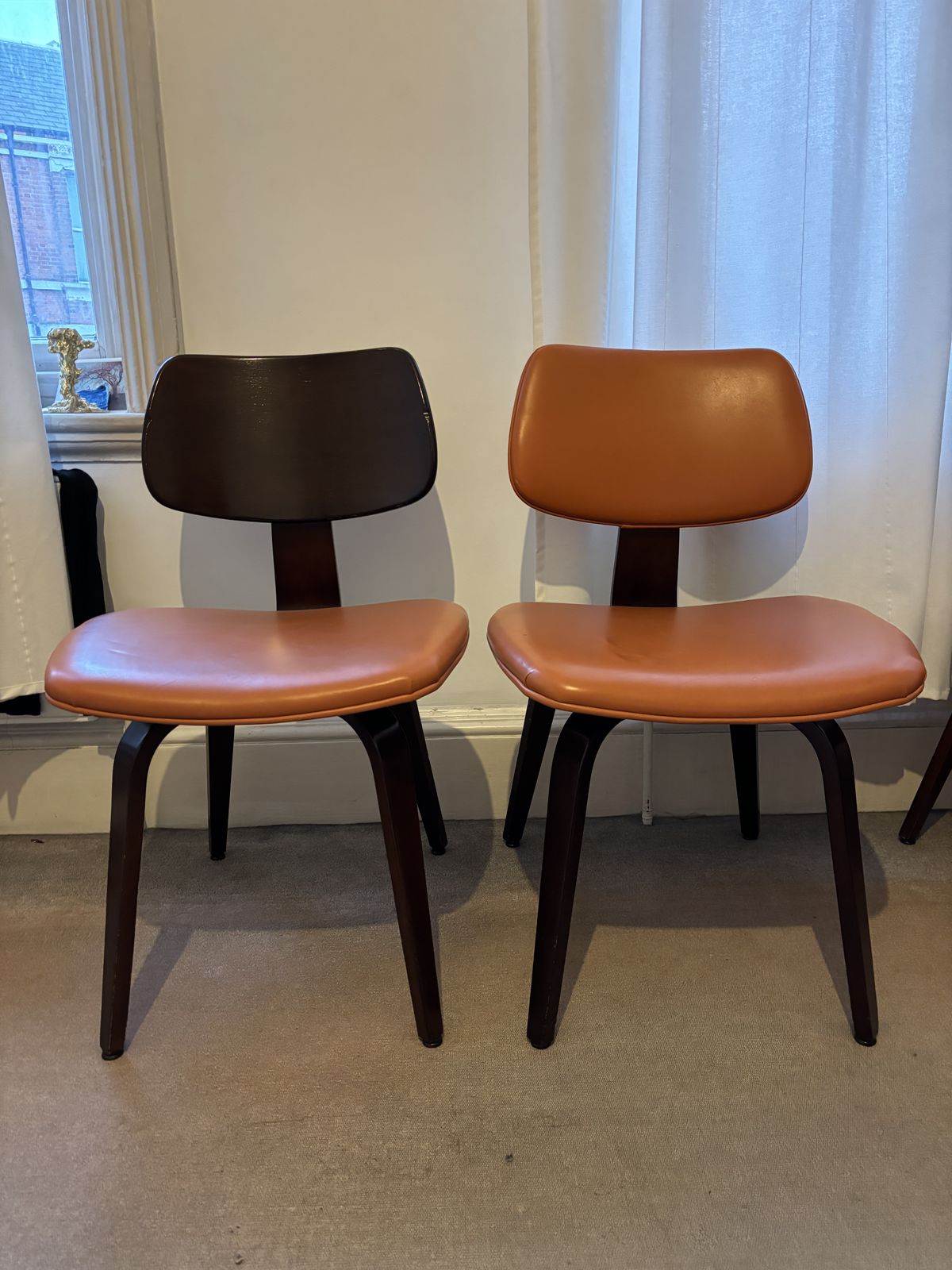 2 X Pairs Of Vintage Mid Century Bentwood Ply Chairs, Designed By Bruno Weil For Thonet, USA In The 1950’s In Orange & Red Leather photo Furniture