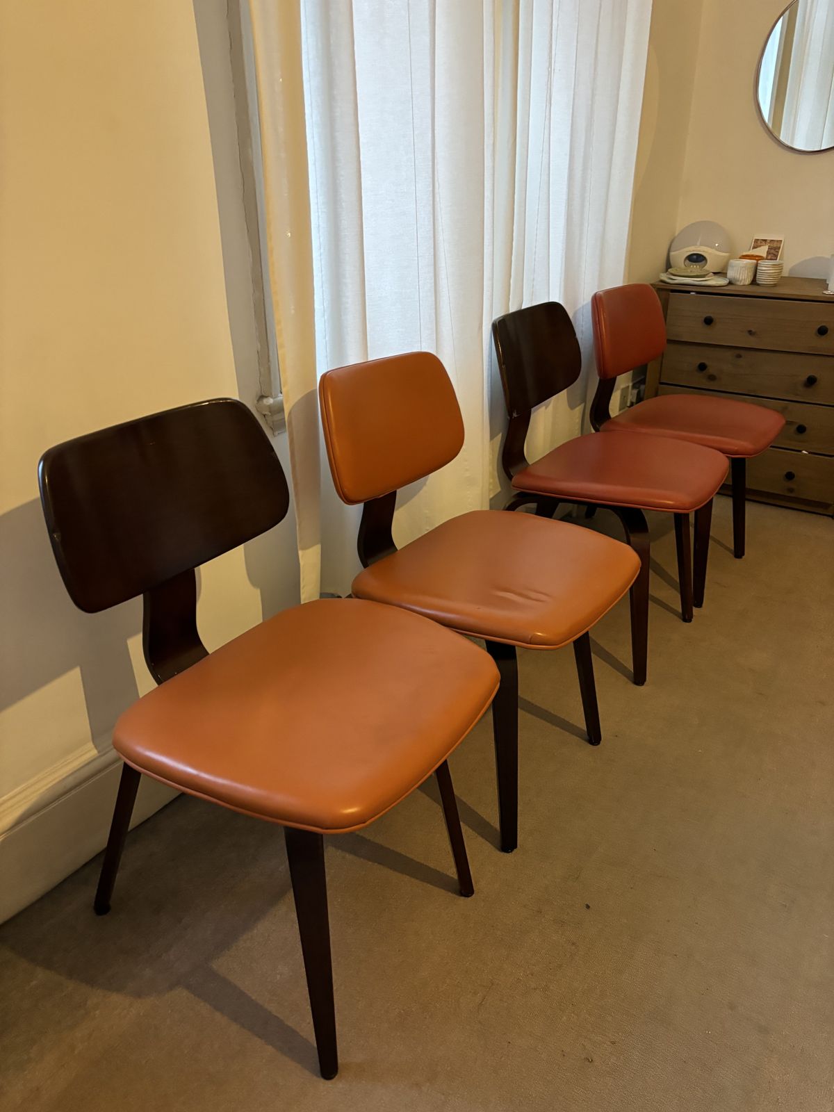 2 X Pairs Of Vintage Mid Century Bentwood Ply Chairs, Designed By Bruno Weil For Thonet, USA In The 1950’s In Orange & Red Leather photo for sale