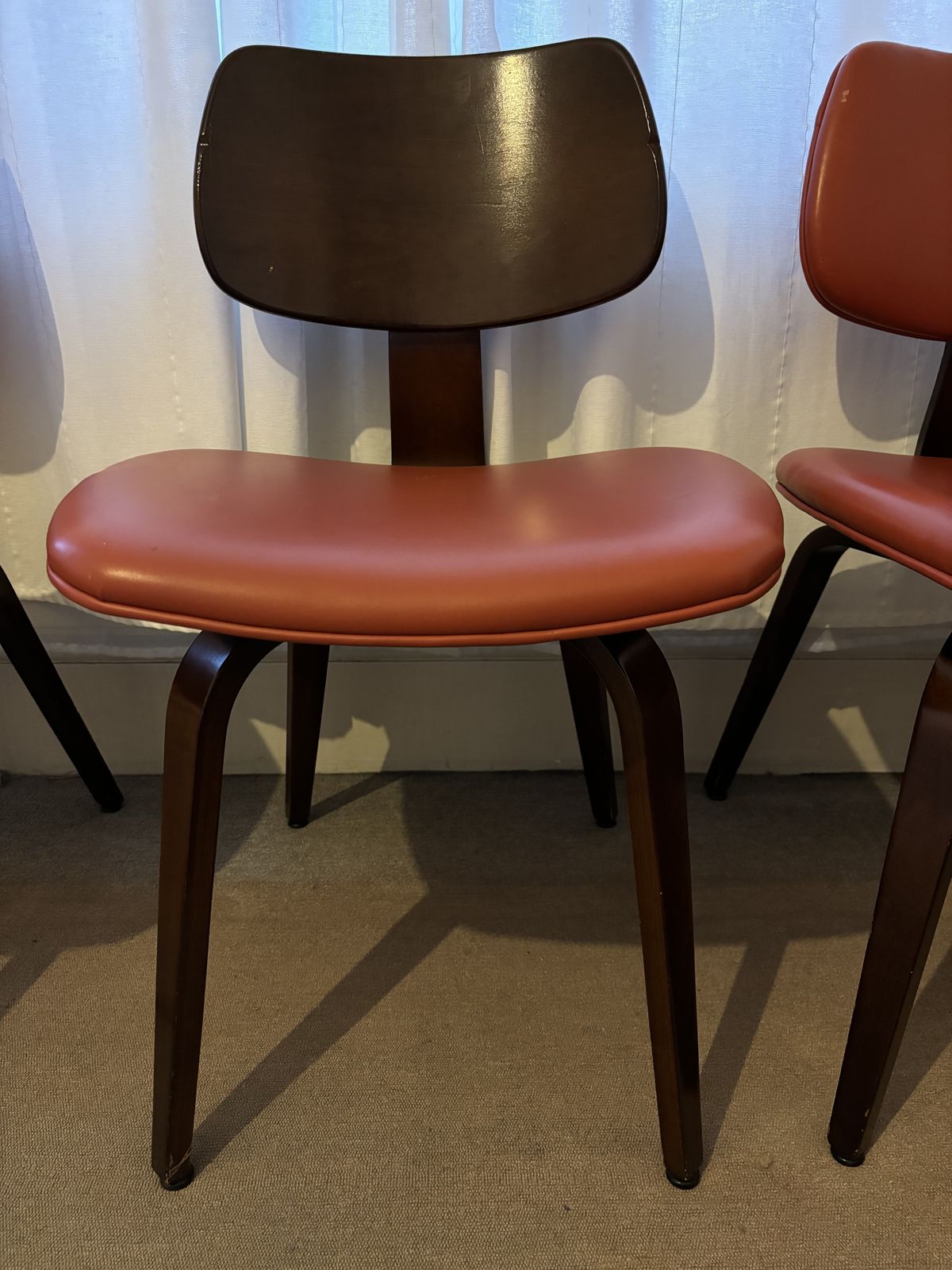 photo for sale 2 X Pairs Of Vintage Mid Century Bentwood Ply Chairs, Designed By Bruno Weil For Thonet, USA In The 1950’s In Orange & Red Leather