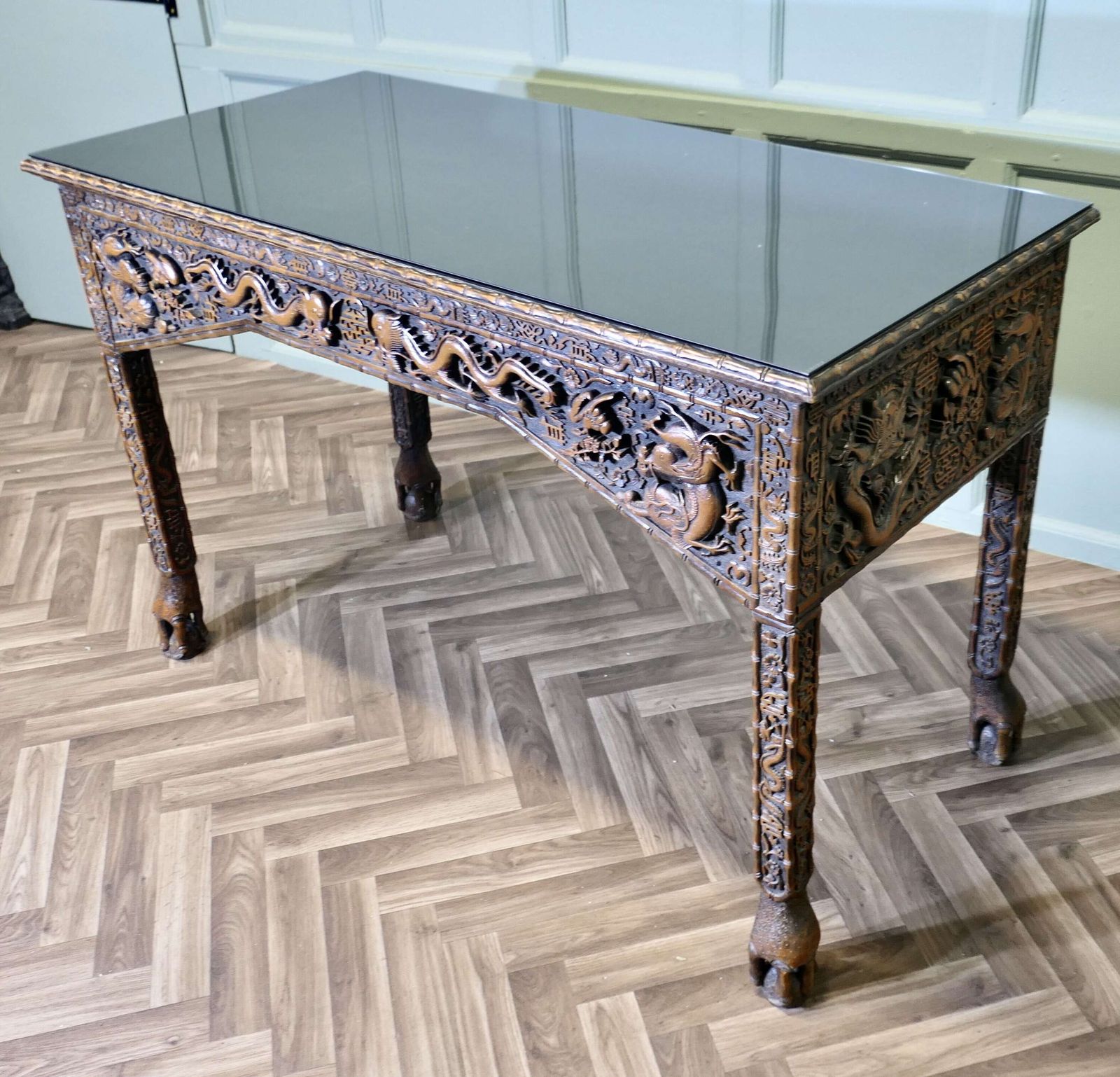 Long Chinoiserie Carved Console Table Or Hall Table photo Furniture