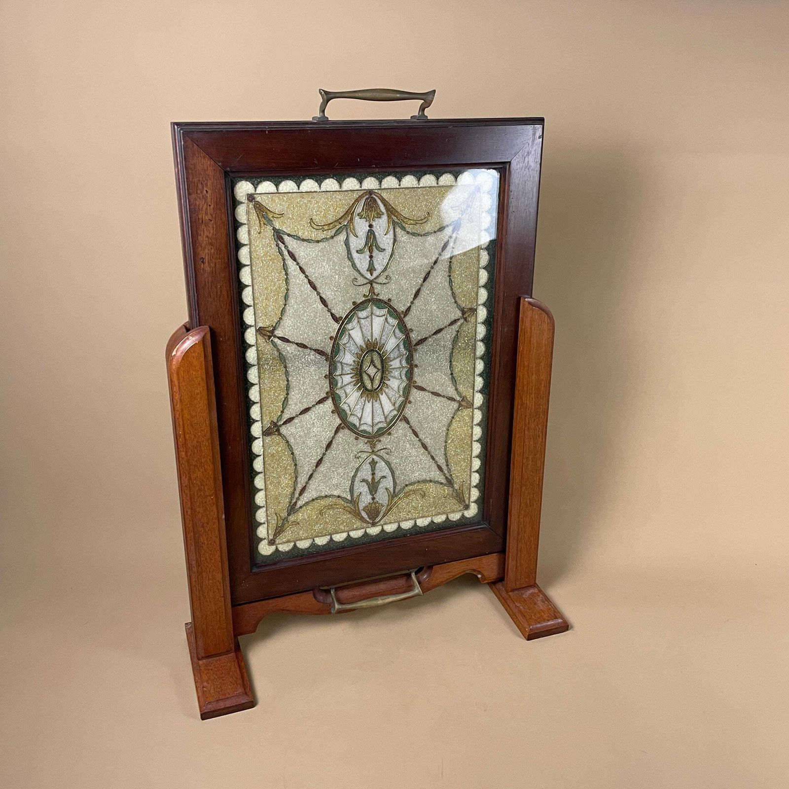 Vintage Fire Screen Fireguard Small Beading Pattern Detailed Beads Wood Sliding Removable Tray Wood Frame Freestanding photo Home Fixtures