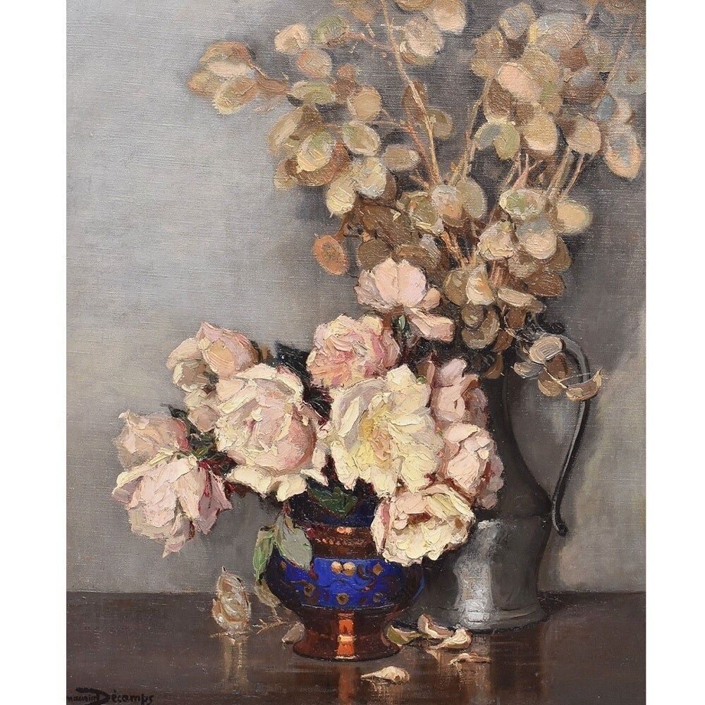 Antique Flower Painting, Maurice Alfred Decamps, Flower Painting, White Roses, 20th Century, Art Deco. (Qf664) photo for sale
