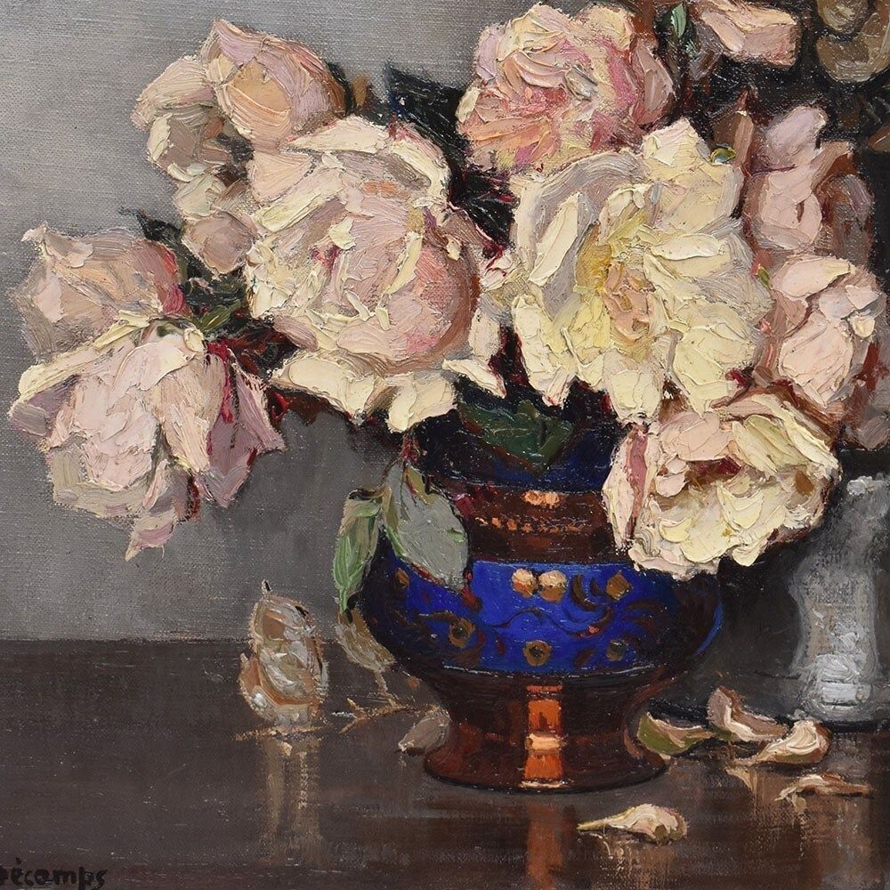 Antique Flower Painting, Maurice Alfred Decamps, Flower Painting, White Roses, 20th Century, Art Deco. (Qf664) photo Art