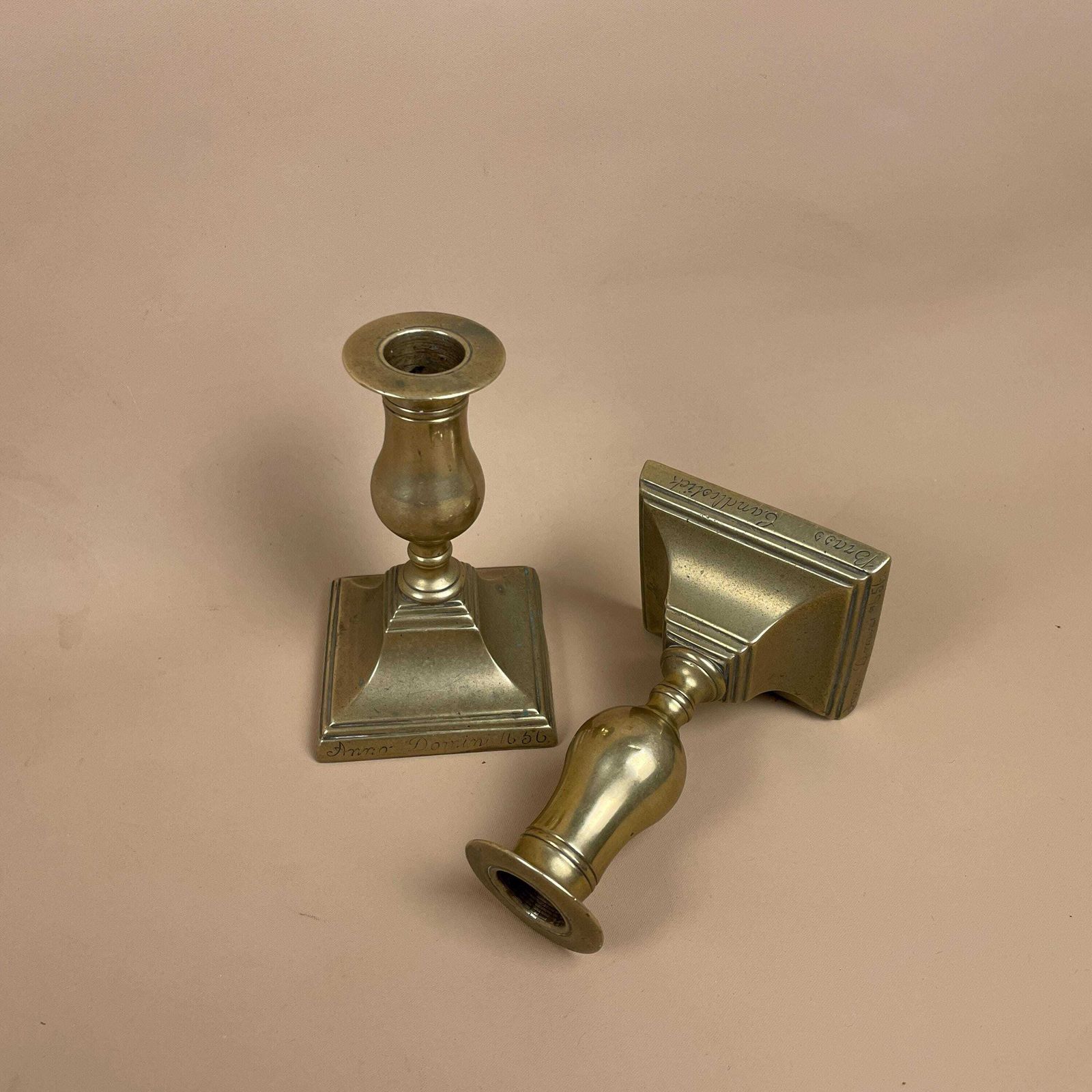 Antique Matching Pair Of Gold Brass Metal Candlestick Candle Stick Vintage Column Taper Dinner Candlesticks Square Base Classic Pillar photo furniture
