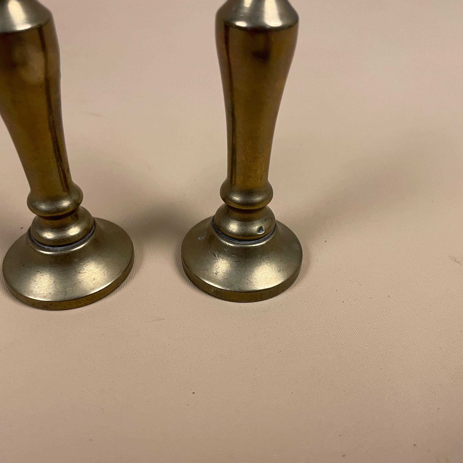 Antique Matching Pair Of Small Gold Brass Metal Candlestick Candle Stick Vintage Column Taper Dinner Candlesticks Round Base Column Pillar photo for sale