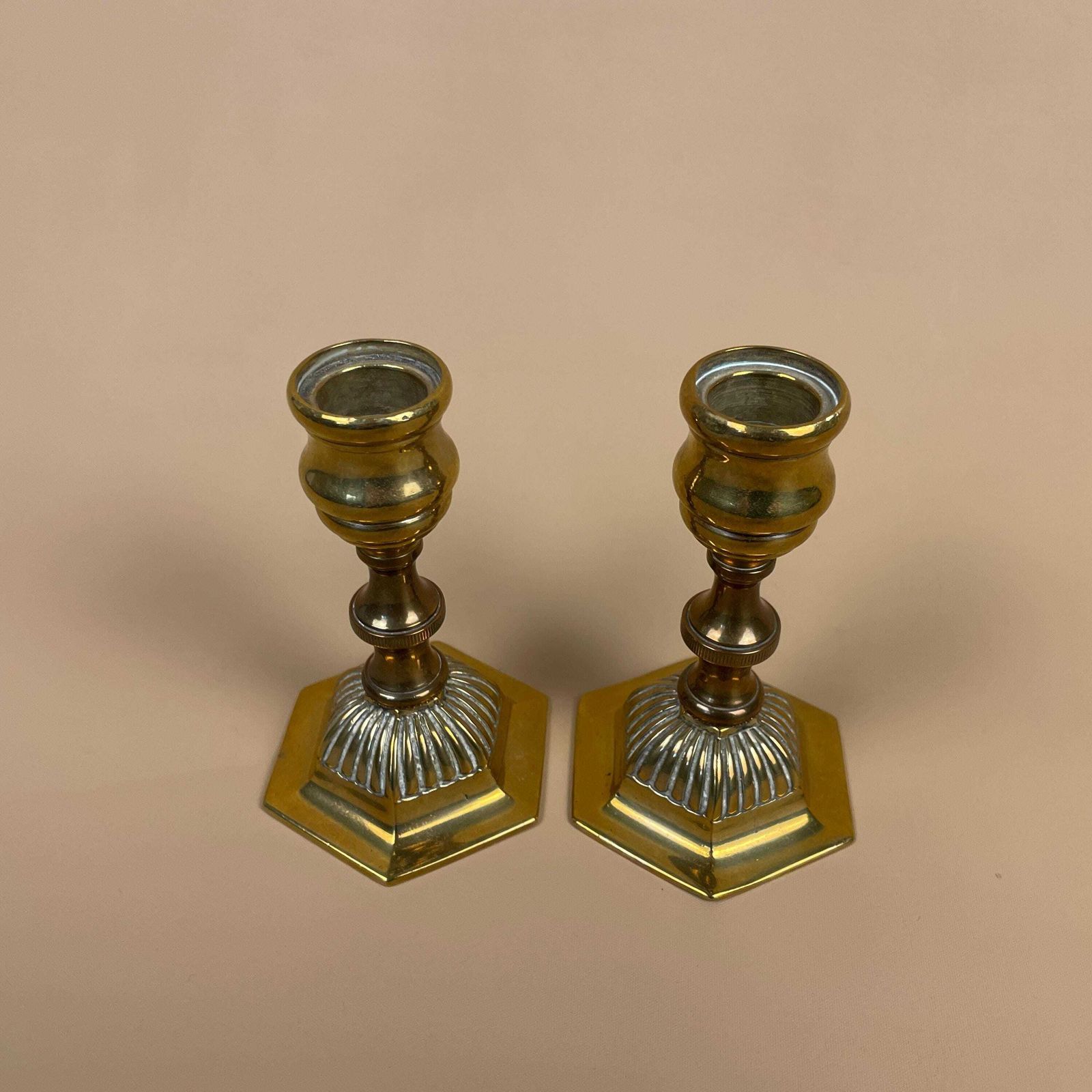 Antique Matching Pair Of Gold Brass Metal Candlestick Candle Stick Vintage Column Taper Dinner Candlesticks Hexagon Base Classic Pillar photo for sale