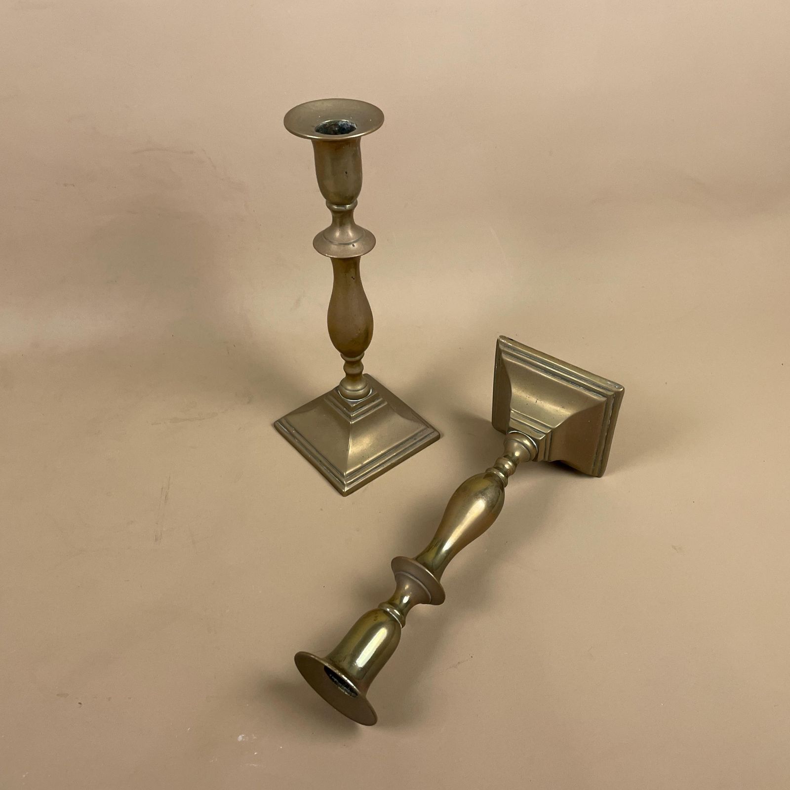 Antique Matching Pair Of Gold Brass Metal Candlestick Candle Stick Vintage Column Taper Dinner Candlesticks Square Base Classic Pillar photo furniture
