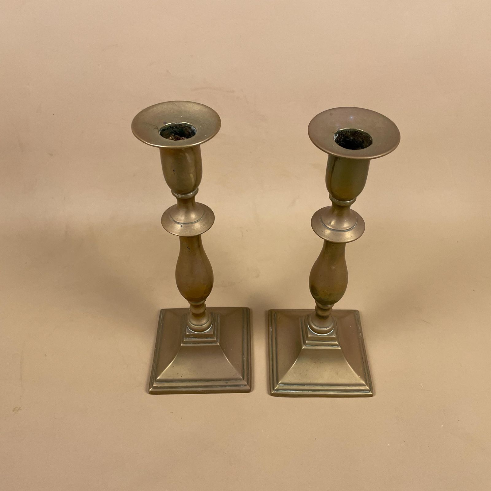 Antique Matching Pair Of Gold Brass Metal Candlestick Candle Stick Vintage Column Taper Dinner Candlesticks Square Base Classic Pillar photo for sale