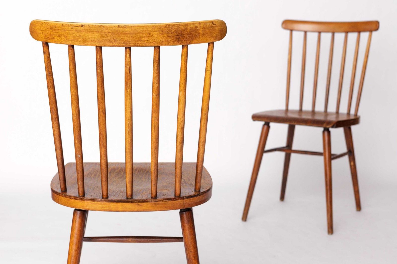Pair Of Vintage Spindle Back Chairs – 1970s Beech Wood, Restored Rustic Seating photo vinterior