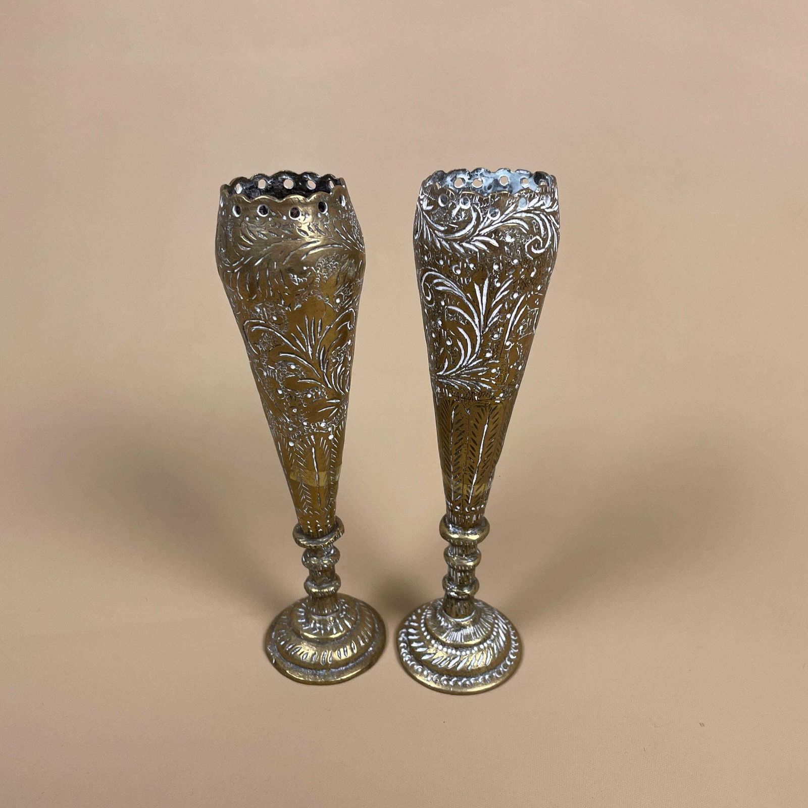 Antique Matching Pair Of Gold Indian Handmade Brass Metal Candlestick Candle Stick Vintage Column Taper Dinner Candlesticks Classic India photo for sale