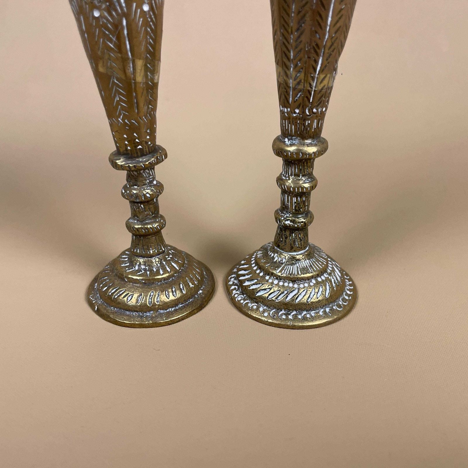 Antique Matching Pair Of Gold Indian Handmade Brass Metal Candlestick Candle Stick Vintage Column Taper Dinner Candlesticks Classic India photo buy