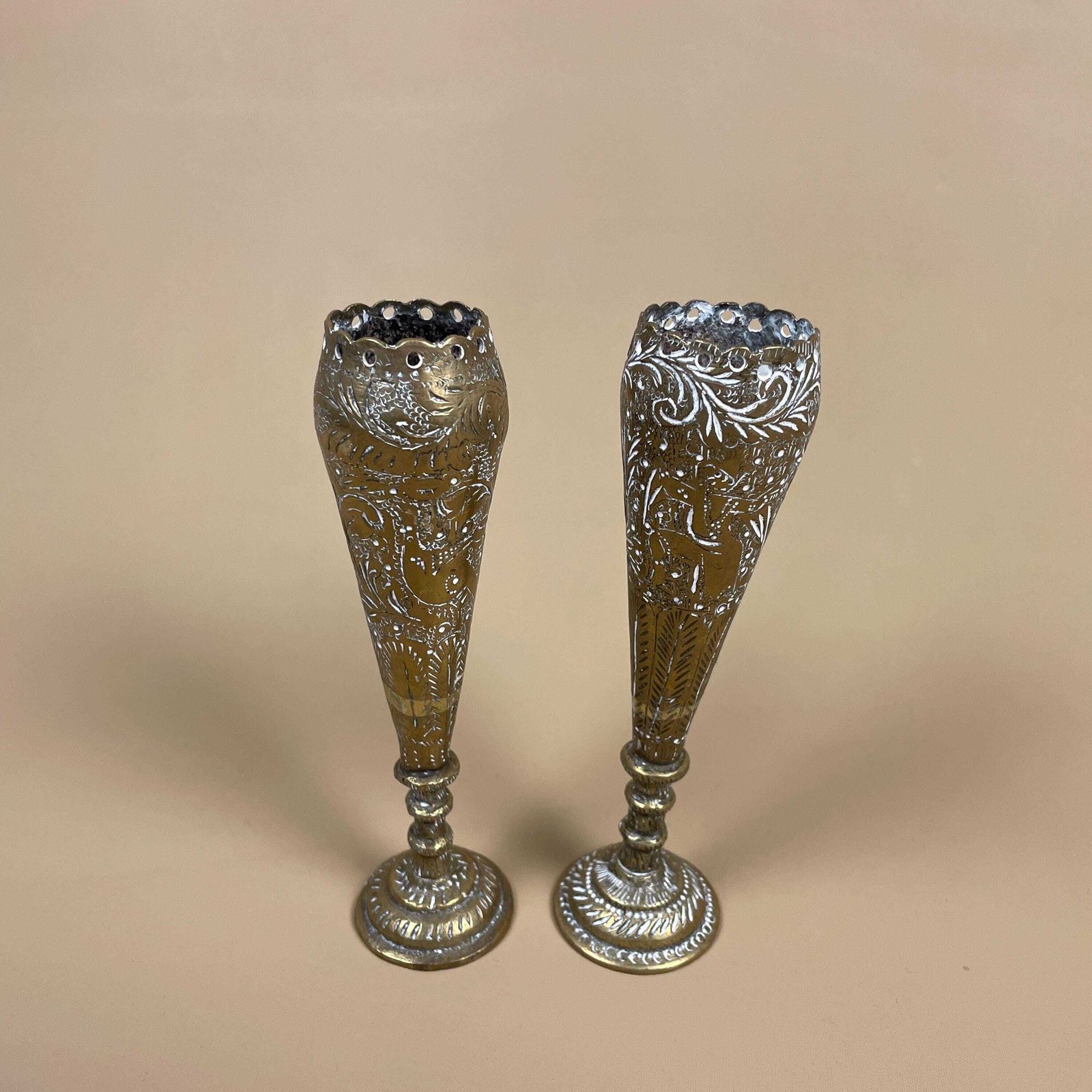 Antique Matching Pair Of Gold Indian Handmade Brass Metal Candlestick Candle Stick Vintage Column Taper Dinner Candlesticks Classic India photo vintage