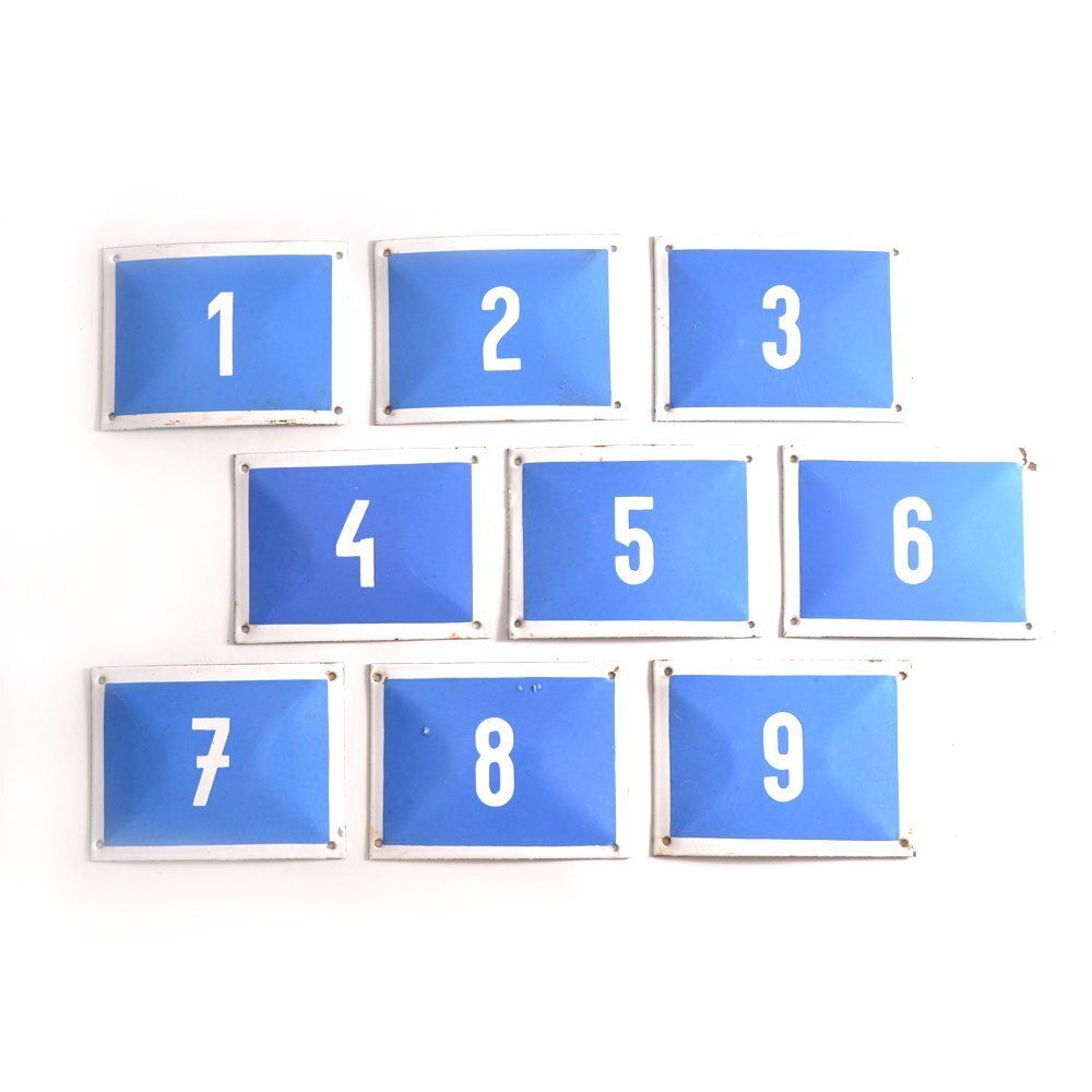 Set Of Vintage Enamel Blue Number Plaques, Czechoslovakia, 1950s