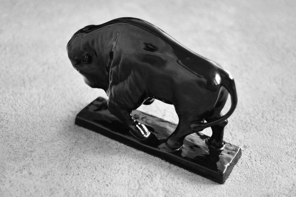 Large Mid Century Scandinavian Modern Black Porcelain Bison Figurine, 1960s photo for sale