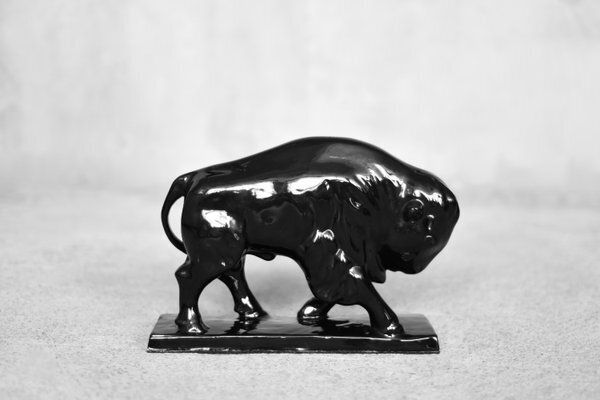Large Mid Century Scandinavian Modern Black Porcelain Bison Figurine, 1960s photo Home Decor