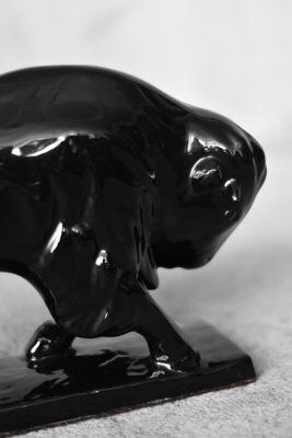 Large Mid Century Scandinavian Modern Black Porcelain Bison Figurine, 1960s photo vintage