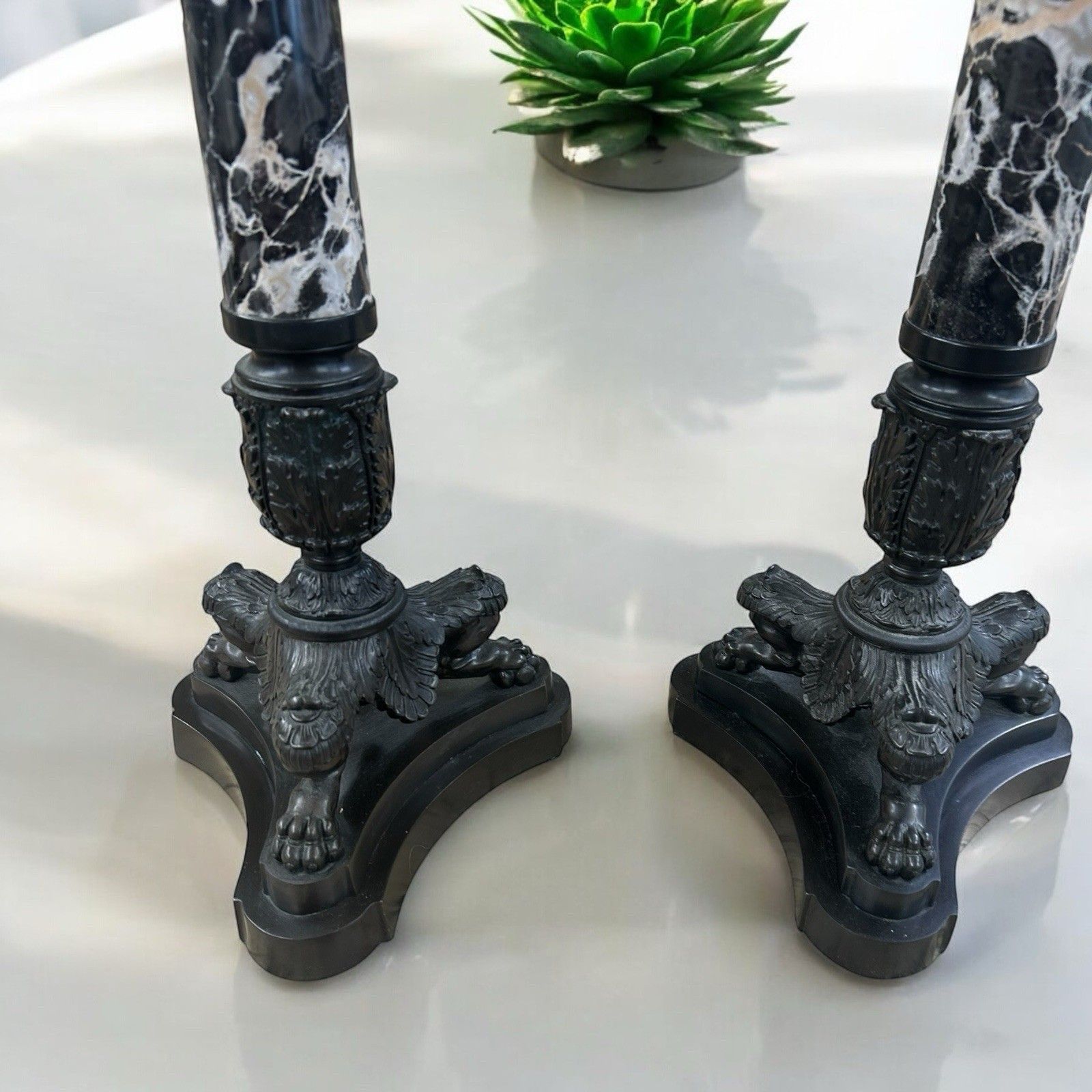 Pair Of Bronze & Marble Empire Table Lamps Large Antique 19th Century Lights Old photo vinterior