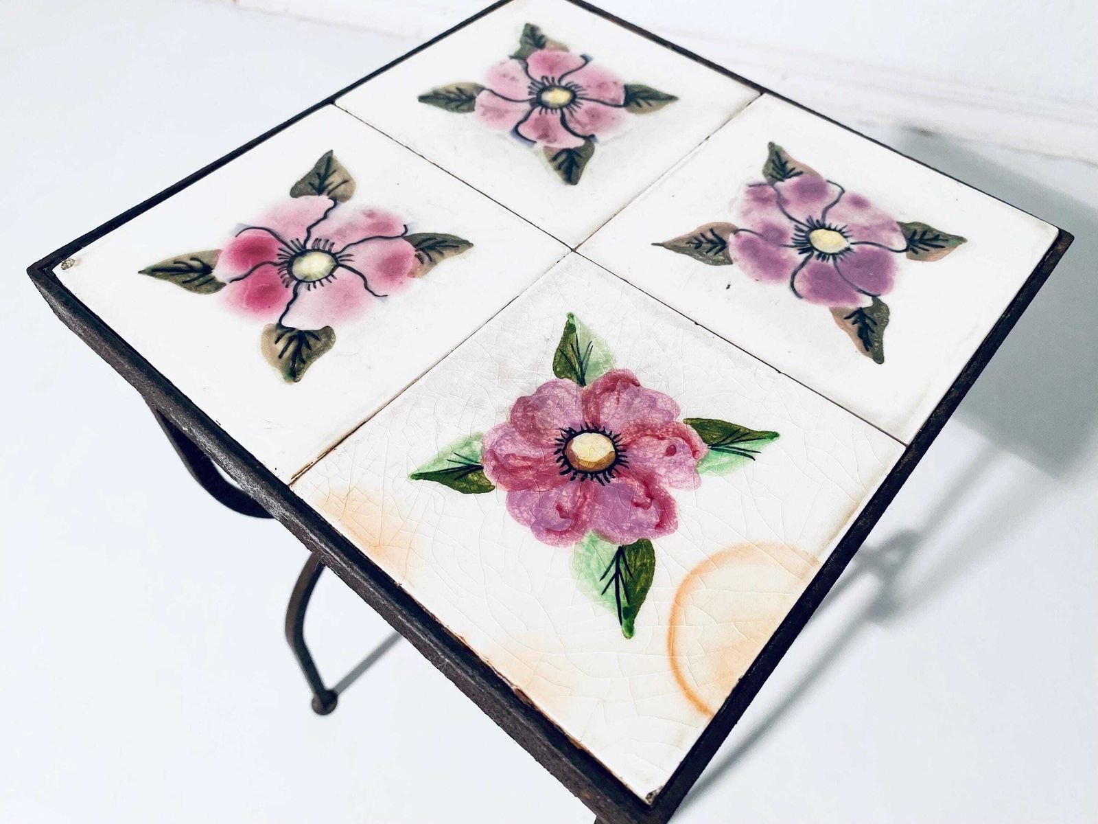 Vintage Ceramic Tiles Rose Flower Motif Table Stand / 1950s Balcony Furniture France photo vinterior