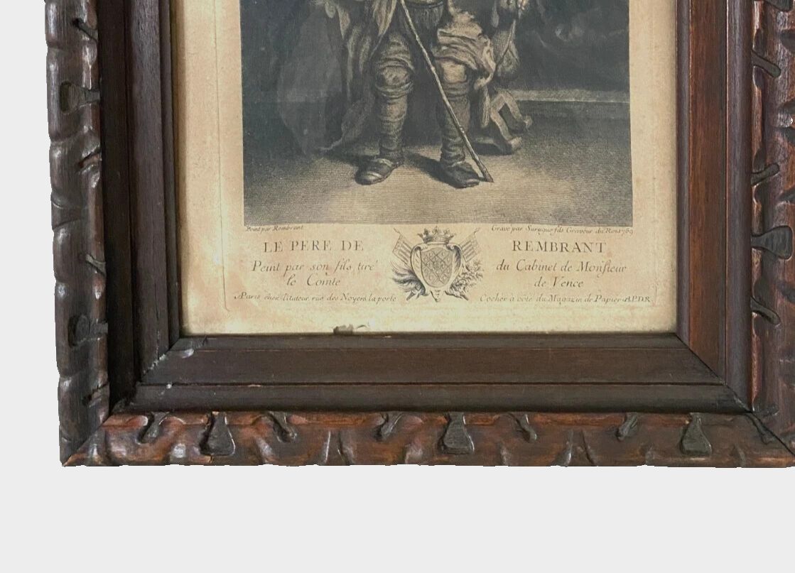 Antique 19th Century Carved Wooden Frame Engraving photo vintage