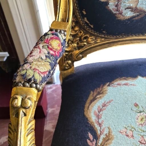 Pair Of Antique Giltwood & Gesso Fauteuil Armchair Louis XVI Style Needlepoint photo furniture
