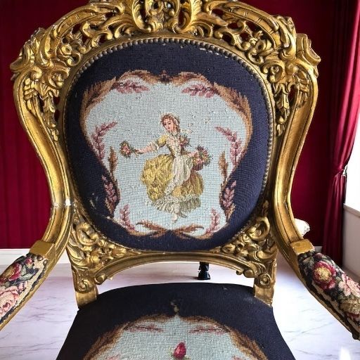 photo furniture Pair Of Antique Giltwood & Gesso Fauteuil Armchair Louis XVI Style Needlepoint