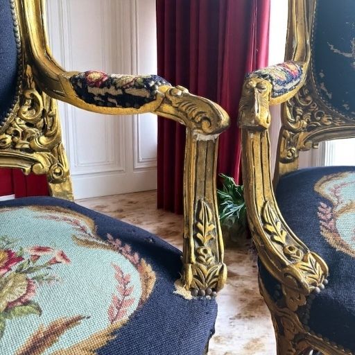 Furniture Pair Of Antique Giltwood & Gesso Fauteuil Armchair Louis XVI Style Needlepoint photo