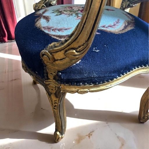 photo buy Pair Of Antique Giltwood & Gesso Fauteuil Armchair Louis XVI Style Needlepoint