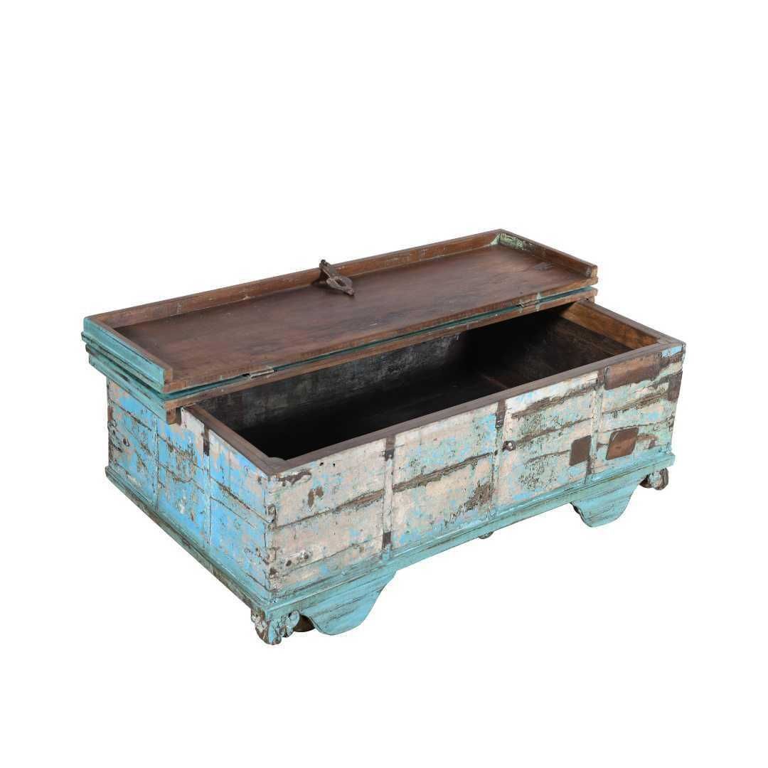 Antique Blue Patina Surti Coffee Table Chest – 19thc Teak Storage Trunk With Wheels photo furniture