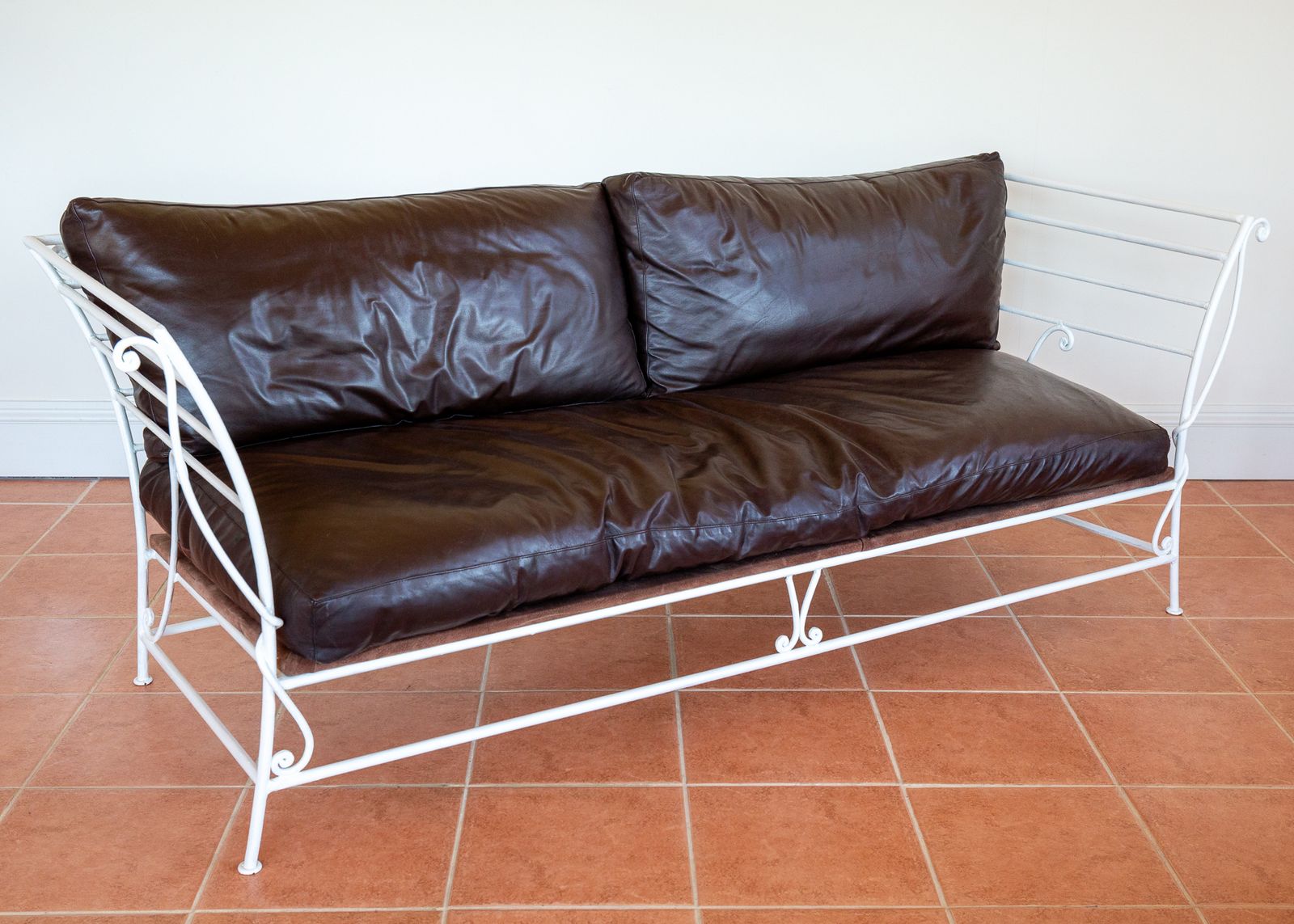 French Wrought Iron Sofa Leather Cushions 1950s Mid Century Settee Garden Conservatory Sof.A Vintage Garden Room Sof.A Patio photo 2250.0