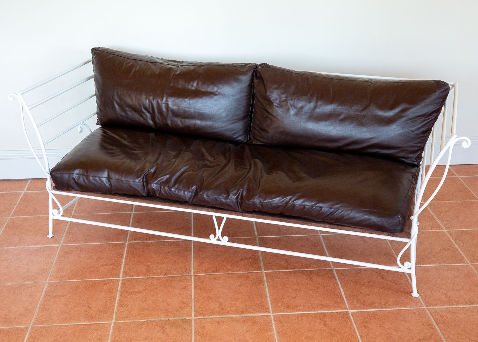photo furniture French Wrought Iron Sofa Leather Cushions 1950s Mid Century Settee Garden Conservatory Sof.A Vintage Garden Room Sof.A Patio