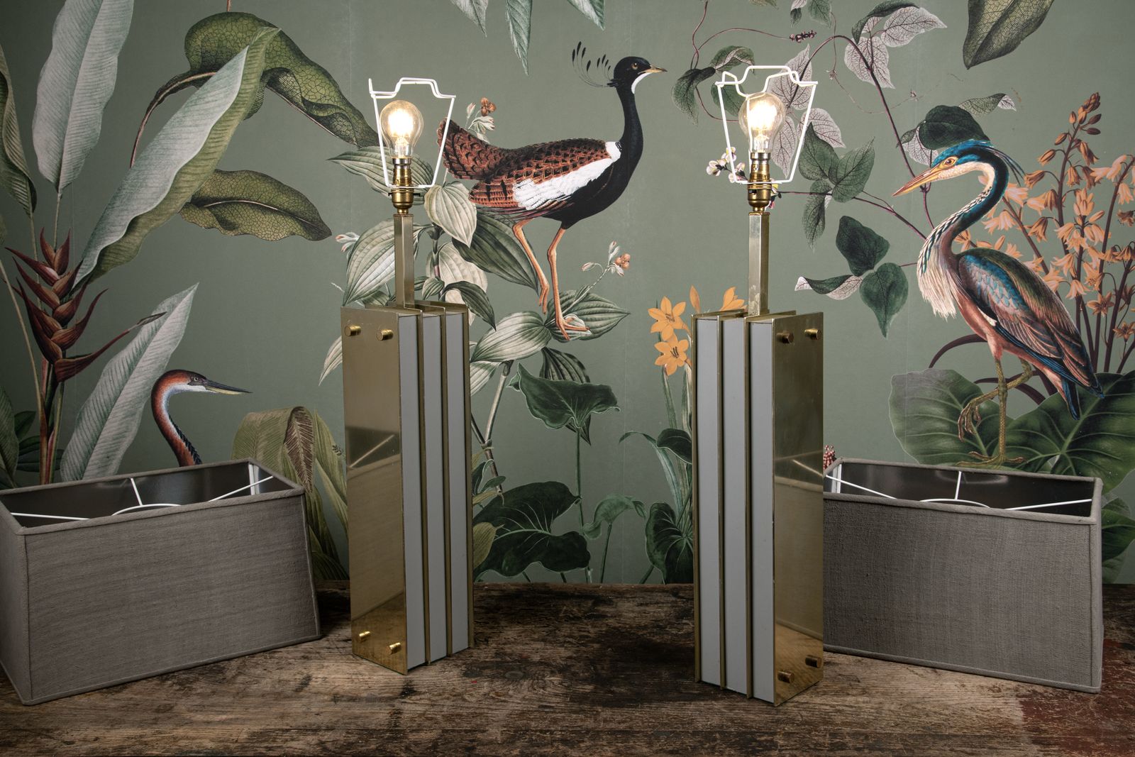A Pair Of Mid Century Brass And Milk Glass Table Lamps photo for sale